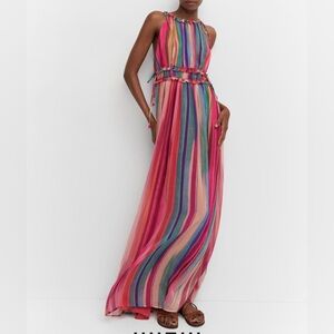 NWT MANGO Striped Long Maxi Dress Pink Green Blue Lavender Size 2 NWT $180